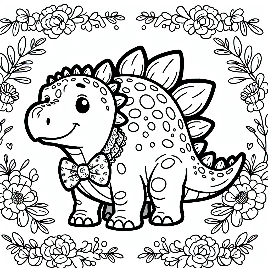 Tauche ein in die aufregende Urzeit und lerne unseren fröhlichen Stegosaurus kennen! Dieser lustige Dinosaurier im Cartoon-Stil ist bereit, mit dir auf ein buntes Abenteuer zu gehen. Mit seiner schicken Fliege sieht er nicht nur elegant aus, sondern auch richtig lustig. Rund um ihn herum wachsen wunderschöne Blumen, die nur darauf warten, in den schönsten Farben ausgemalt zu werden!

Hast du schon die geheimen Tipps entdeckt, die in diesem Bild versteckt sind? Schau dir die großen Rückenplatten unseres Stegosaurus an - sie sind nicht nur sein Markenzeichen, sondern helfen ihm auch, sich vor der heißen Sonne zu schützen. Und achte auf seine starke Schwanzkeule, die ihm in der Urzeit half, sich vor Angreifern zu verteidigen. 

Wusstest du, dass der Stegosaurus ein Laubfresser war? Das bedeutet, dass er am liebsten leckere Pflanzen im Dschungel vernaschte. Wenn du seine Welt farbenfroh gestaltest, überlege dir, welche Farben der Dschungel und seine Pflanzen haben könnten. Vielleicht grün, gelb oder sogar lila?

Viel Spaß beim Ausmalen und Entdecken der Welt der Dinosaurier!