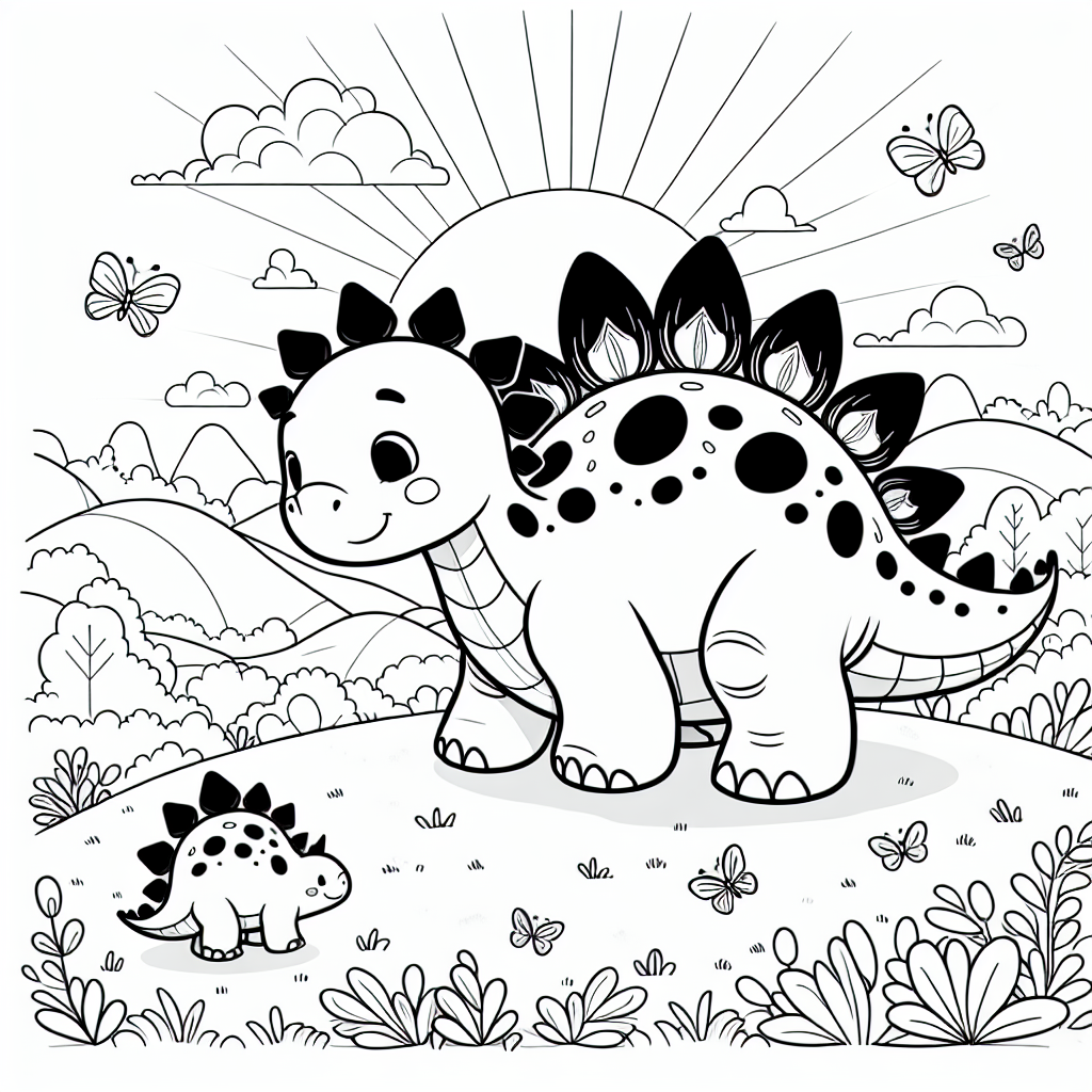 Tanzender Stegosaurus im Frühlingslicht - Dinosaurierabenteuer, Frühlingstanz, Farbenfroher Morgen, Dino-Freunde, Ausmalspaß