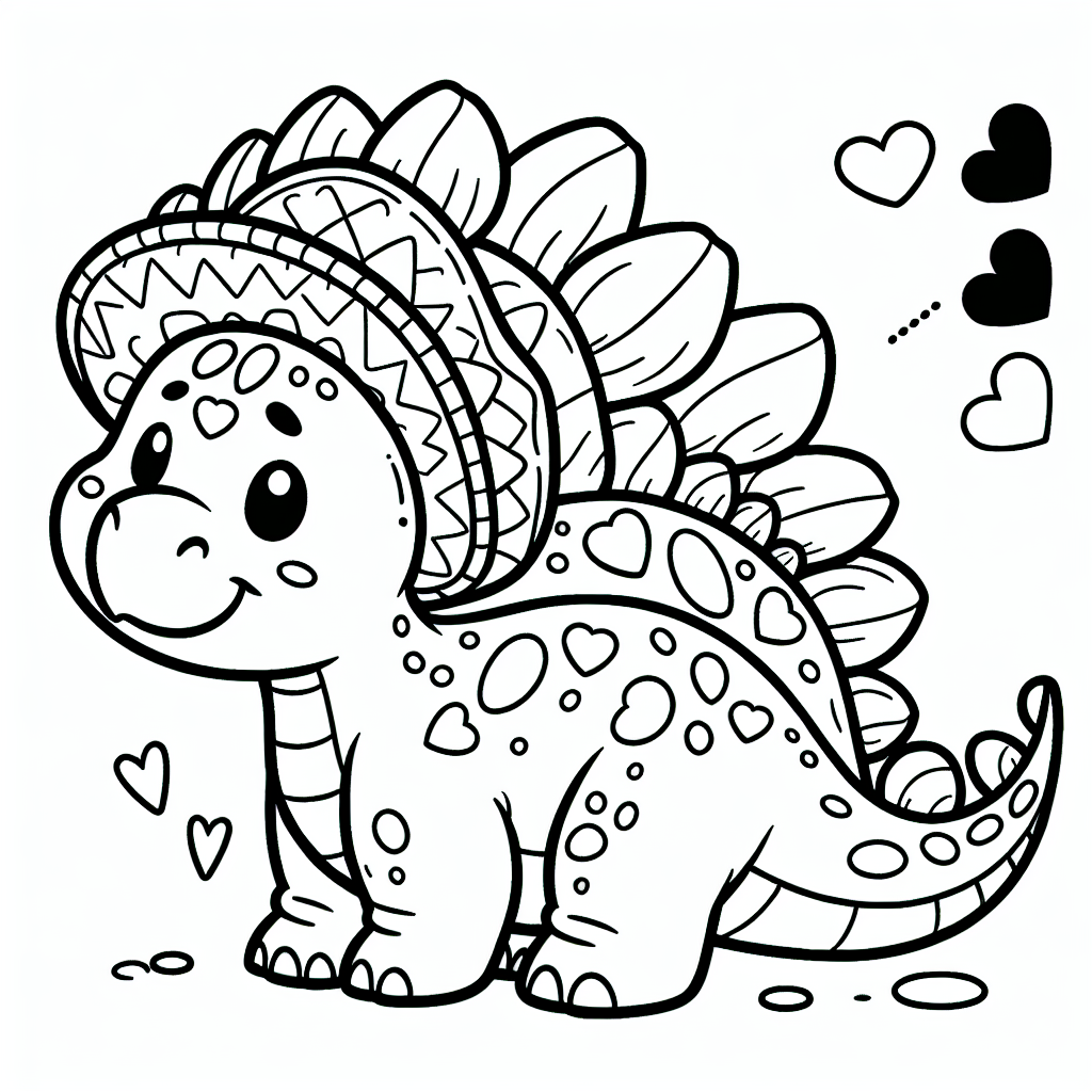 Einst in der tiefen Urzeit schlenderte ein neugieriger Stegosaurus namens Stella durch den dichten Dschungel. Stella war kein gewöhnlicher Dino - sie liebte es, Hüte zu tragen! Heute schmückte ein schicker roter Hut mit lila Herzen ihr Haupt. Während sie gemächlich zwischen den riesigen Farnen umherschlenderte, bemerkten die anderen Dinosaurier begeistert ihre fröhlichen Rückenplatten, die in allen Regenbogenfarben schimmerten.
Stella war ein begeisterter Laubfresser und ihre Lieblingsbeschäftigung bestand darin, in den höchsten Büschen nach den leckersten Blättern zu suchen. Mit ihrer mächtigen Schwanzkeule schüttelte sie die Bäume, sodass die saftigsten Blätter herunterfielen. "Du bist so bunt wie ein blühender Urwald!", riefen die anderen Dinosaurier oft, wenn sie sie sahen.
Eines Tages entdeckte Stella eine versteckte Lichtung, die perfekt zum Ausmalen war. Sie war voller Pflanzen in allen erdenklichen Farben, geradezu ein Paradies für einen Maler! Stell dir vor, du könntest Stellas Hut in sonnigem Gelb ausmalen und ihre Bauchschuppen in frechem Pink! Plötzlich kamen ihre Freunde, um mitzumachen, und bald war die Lichtung ein bunter Platz voller Kreativität und Freundschaft.