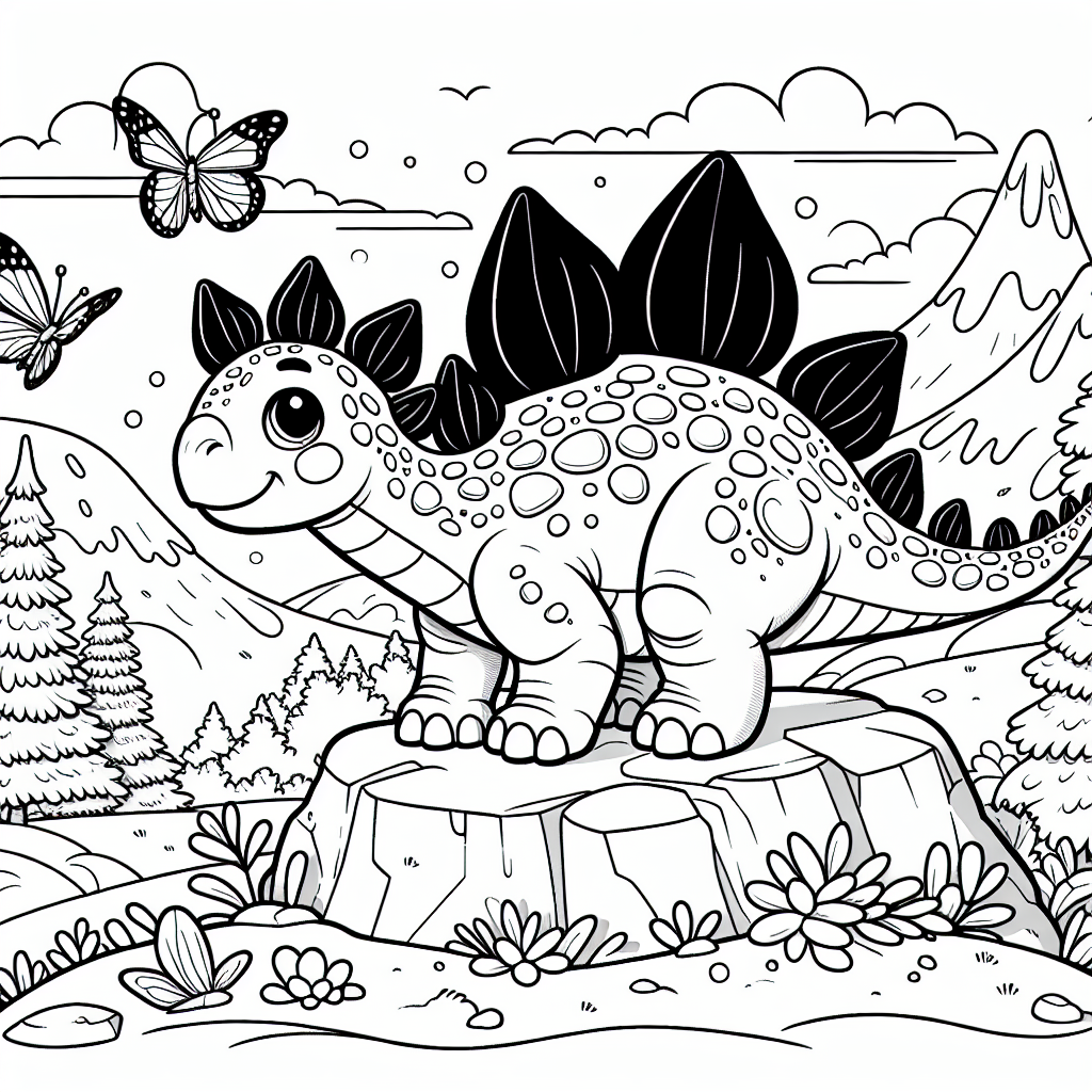 Fröhlicher Stegosaurus auf Entdeckungsreise - Stegosaurus, Dinosaurier, Ausmalbild, Wintermorgen, Plattenrücken