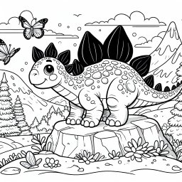 Fröhlicher Stegosaurus auf Entdeckungsreise - Stegosaurus, Dinosaurier, Ausmalbild, Wintermorgen, Plattenrücken, Pflanzenfresser
