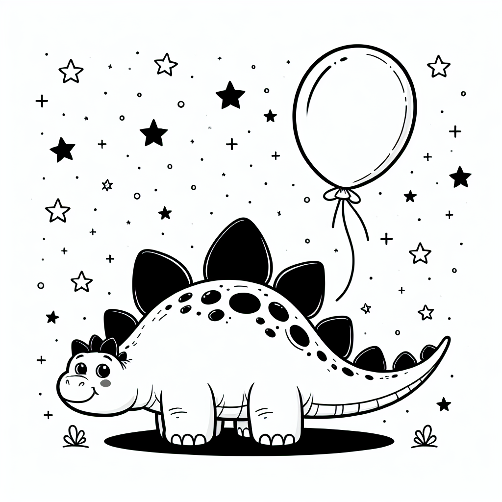 Tauche ein in die spannende Welt der Dinosaurier und triff unseren fröhlichen Stegosaurus! Dieser freundliche Dino freut sich riesig, denn er hat einen bunten Ballon gefunden, der ihn zum Staunen bringt. Um ihn herum funkeln glitzernde Sterne und machen die Dschungelwelt der Urzeit noch magischer. Unser Stegosaurus ist besonders leicht auszumalen, denn die klaren schwarzen Linien und einfachen Formen laden dazu ein, deiner Kreativität freien Lauf zu lassen!

Wusstest du, dass Stegosaurier zu den Laubfressern gehörten? Das bedeutet, dass sie pflanzliches Futter wie Blätter und Zweige gegessen haben. Einzigartig an ihnen sind die großen, flachen Rückenplatten, die entlang ihres Rückens verlaufen. Diese Platten halfen ihnen vielleicht dabei, Feinde einzuschüchtern oder ihre Körpertemperatur zu regulieren. Am Ende ihres langen Schwanzes hatten Stegosaurier eine mächtige Schwanzkeule, mit der sie sich gegen Angreifer wehren konnten.

Mach dich bereit, mit bunten Farben den Stegosaurus in deiner Fantasie lebendig werden zu lassen. Male ihn in deinen Lieblingsfarben aus und stelle dir vor, wie er durch die dichten Urzeitwälder stapft!