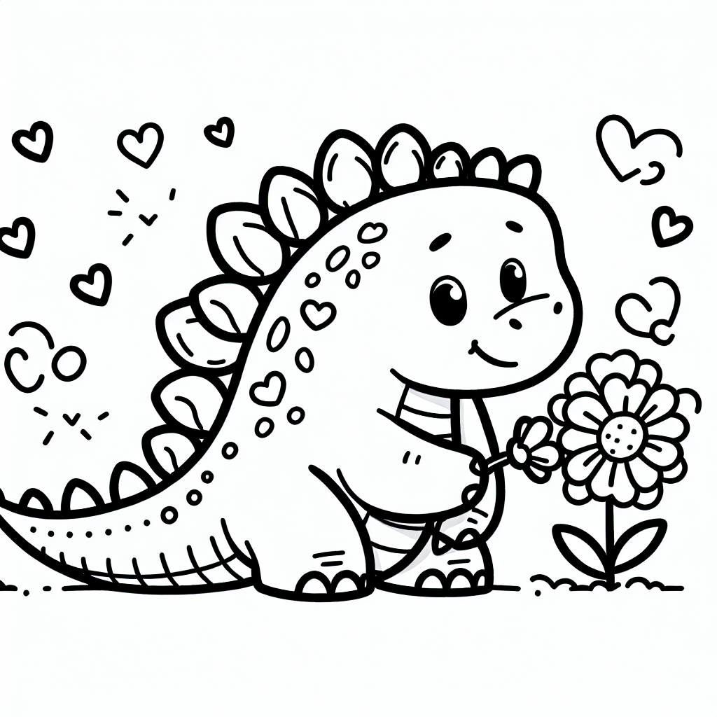 Beim Ausmalen des neugierigen Stegosaurus mit der Blume kannst du deiner Fantasie freien Lauf lassen! Beginne mit den großen Flächen des Dinosauriers. Wähle für den Körper eine frische grüne oder lebendige blaue Farbe, um die friedliche Natur dieses Laubfressers zu betonen. Für die Rückenplatten, die wie kleine Berge auf dem Rücken des Dinos aufragen, eignen sich kontrastreiche Farben wie leuchtendes Orange oder kräftiges Rot, welche die urzeitliche Pracht des Stegosaurus unterstreichen.
Der niedliche Cartoon-Stil lädt dazu ein, die Flosse und die Schwanzkeule mit kreativen Farben zu versehen. Vielleicht möchtest du die Schwanzkeule in einer anderen Farbe als den Körper gestalten, z.B. in einem warmen Gelb, um sie hervorzuheben. Die Blume in der Hand des Dinos könnte in bezaubernden Pastelltönen wie Rosa und Lavendel erstrahlen, und die Herzen drumherum in verschiedenen Rottönen leuchten lassen, um der Szene eine fröhliche und liebevolle Atmosphäre zu verleihen.
Den Hintergrund des Bildes kannst du dir als dichten Urzeitdschungel vorstellen. Male diesen in verschiedenen Grüntönen oder lasse ihn einfach weiß, damit der Stegosaurus wirklich im Mittelpunkt steht. Erwecke den Dino mit deinem Farbenspiel zum Leben und genieße deine Reise in die Welt der Dinosaurier!