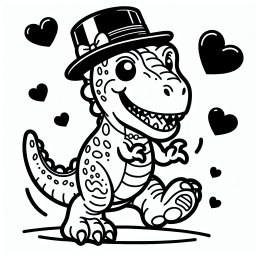 Fröhlicher Herzrex - Dinosaurier, Ausmalbild, T-Rex, Hut, Farbenfreude