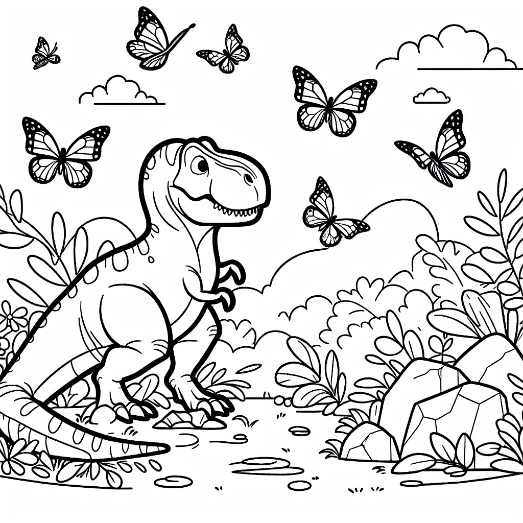 Tauche ein in die abenteuerliche Welt der Dinosaurier mit unserem aufregenden Ausmalbild! Stell dir einen neugierigen T-Rex vor, der stolz auf einem Felsen thront. Dieser beeindruckende Dinosaurier, auch als „Schreckenszahn“ bekannt, ist ein wahrer Raubsaurier mit großen Zähnen, die ihm bei der Jagd helfen. Er hat kurze Arme, aber lass dich davon nicht täuschen - seine Kraft ist unglaublich! Schmetterlinge flattern um ihn herum, als wären sie seine neugierigen Begleiter.
Jetzt kommt das Geheimnis: Wusstest du, dass manche Wissenschaftler glauben, der T-Rex könnte bunte Schuppen gehabt haben? Vielleicht sogar in deinen Lieblingsfarben! Das bedeutet, dass du den T-Rex genauso farbenfroh gestalten kannst, wie du möchtest. Vielleicht hat er grüne Schuppen mit blauen und roten Flecken oder leuchtet in einem kräftigen Gelb. Du könntest auch die Schmetterlinge in Regenbogenfarben ausmalen. Deiner Fantasie sind keine Grenzen gesetzt!
Schnapp dir deine liebsten Buntstifte oder Farben und lass den T-Rex und seine Umgebung lebendig werden. Viel Spaß beim Ausmalen!