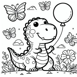 Neugieriger Ballonrex – #Dinosaurier, #TRex, #Schmetterlinge, #Ausmalbild, #Kreativität