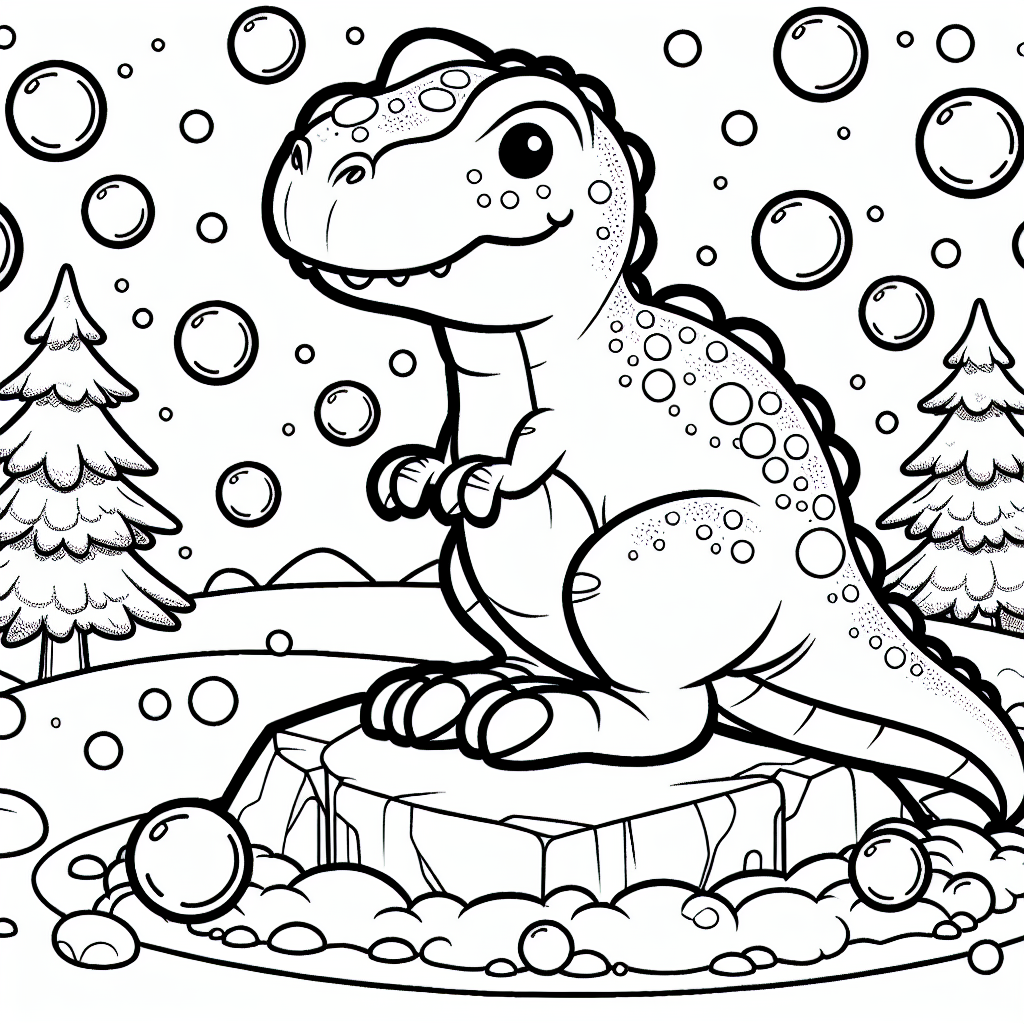 Freundlicher T-Rex auf Morgenreise - Dinosaurier-Ausmalbild, Wintermorgen-Szene, Freundlicher T-Rex, Balancierender Dino