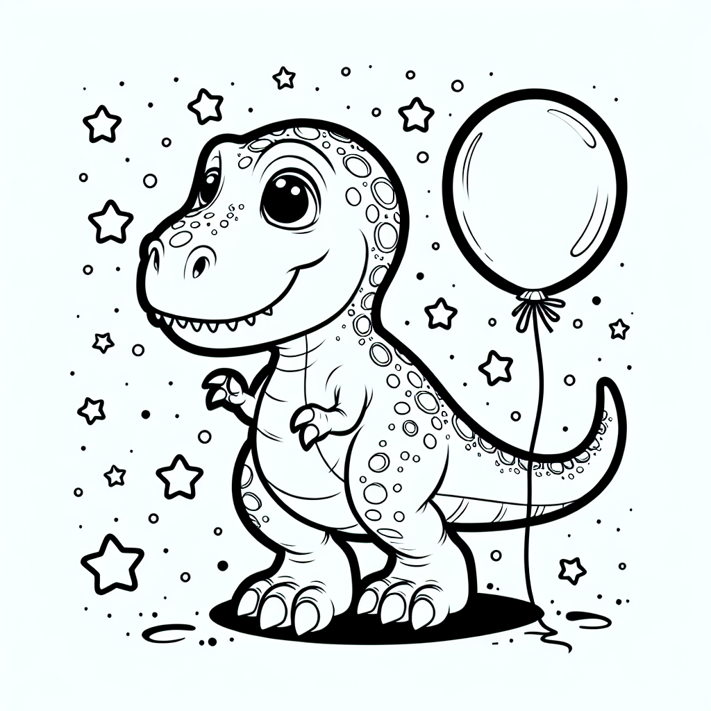 Tauche ein in eine prähistorische Party mit einem besonders neugierigen Tyrannosaurus Rex - auch bekannt als der "Schreckenszahn"! Dieser mächtige Raubsaurier hat seine großen Zähne vielleicht fürchterlich furchteinflößend, aber heute ist er mehr an einem schwebenden, bunten Luftballon interessiert als an Dinofutter. Umgeben von funkelnden Sternen, wirkt unser sonst so kraftvoller Freund fast ein bisschen verspielt!
Beim Ausmalen kannst du deiner Fantasie freien Lauf lassen. Vielleicht bekommt der T-Rex einen leuchtend grünen oder blauen Schuppenkleid? Und was ist mit dem Luftballon? Wird er rot wie ein Vulkan oder kunterbunt wie ein Regenbogen? Nutze die klaren schwarzen Linien, um die Details hervorzuheben, und vergiss nicht, die Sterne strahlend gelb oder sogar silbern zu färben, damit sie im Dunkeln funkeln!
Besondere Tipps: Male die Kurzarme des T-Rex in einer lustigen Farbe - vielleicht rosa? - und verleihe seinem Gesicht einen freundlichen Ausdruck. So wird aus dem gefürchteten Schreckenszahn schnell ein fröhlicher Freund.
Viel Spaß beim Ausmalen dieser prähistorischen Szene!