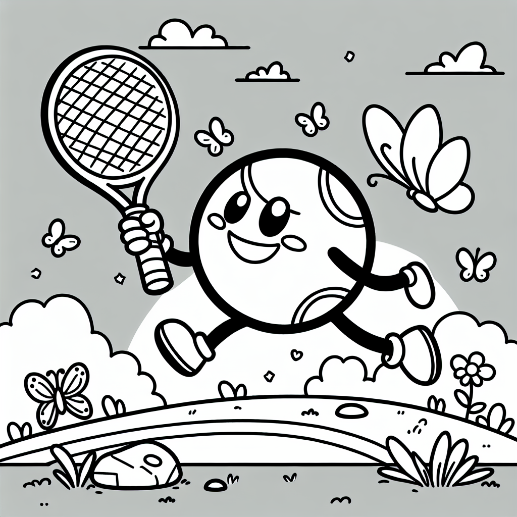 Laufender Tennisball - Kinderbuchillustration, Vektorkunst, Sommerwiese