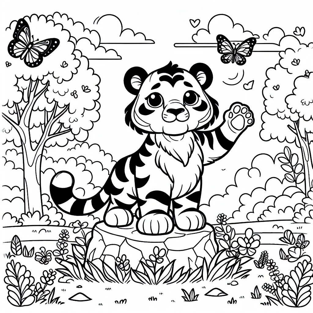 Tapferer Tiger im Sommerabend - Tiger, Ausmalbild, Kinderfreundlich, Malen lernen, Tiere entdecken