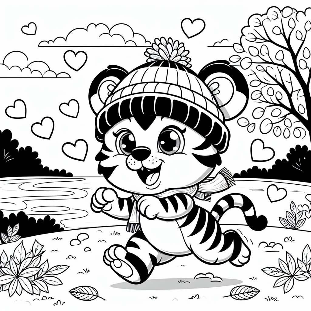 Tanzender Tiger im Herbst - Tiger-Ausmalbild, Herbstfarben, fröhlicher Tiger, Pusteblumen-Spaß