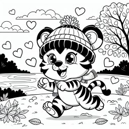 Tanzender Tiger im Herbst - Tiger-Ausmalbild, Herbstfarben, fröhlicher Tiger, Pusteblumen-Spaß