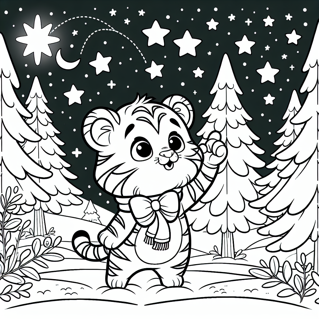 Tiger tapsiger Morgenspaziergang - Tiger, Winterwald, Nachthimmel, Ausmalbild, Abenteuer