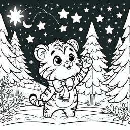 Tiger tapsiger Morgenspaziergang - Tiger, Winterwald, Nachthimmel, Ausmalbild, Abenteuer