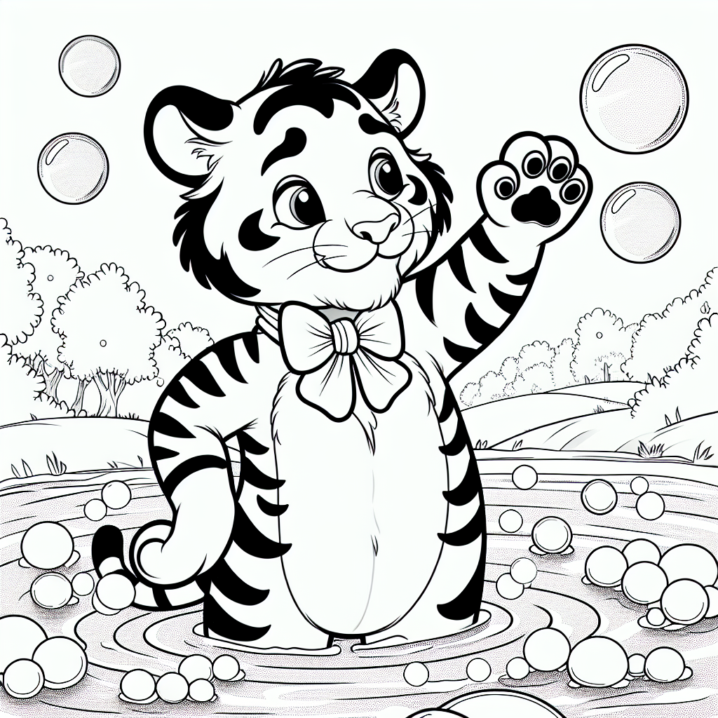 Tiger am glitzernden See - Tiger, Ausmalbild, Seifenblasen, Sommernachmittag, Spielender Tiger