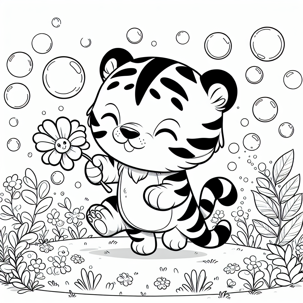 Tanzender Tiger im Frühling - Tiger, Frühlingstag, Tanzen, Blumenwiese, Seifenblasen