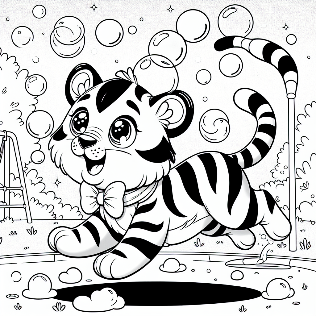 Neugieriger Tiger im Sommer - Tiger auf Spielplatz, Sommerabend Spaß, Seifenblasen Abenteuer, Ausmalbild Kinderfreundlich