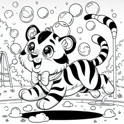 Neugieriger Tiger im Sommer - Tiger auf Spielplatz, Sommerabend Spaß, Seifenblasen Abenteuer, Ausmalbild Kinderfreundlich