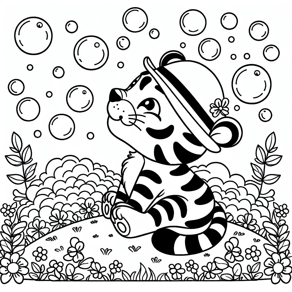 Fröhlicher Tigertraum - Ausmalbild, Tiger, Kinder, Fantasie, Hut