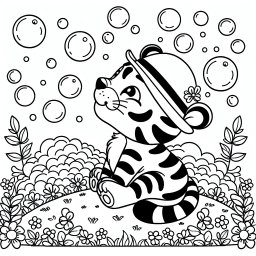 Fröhlicher Tigertraum - Ausmalbild, Tiger, Kinder, Fantasie, Hut, Wiese