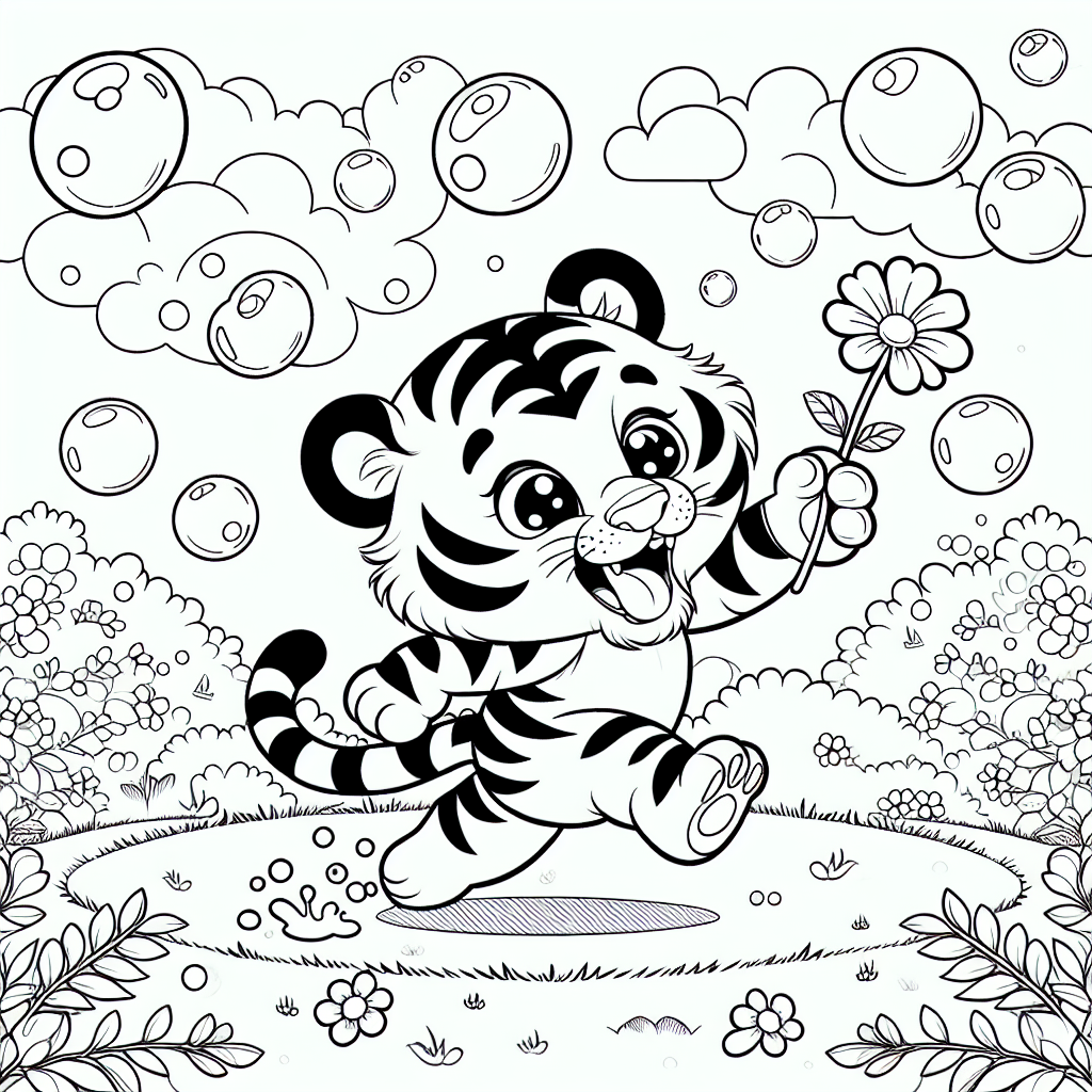 Fröhlicher Tiger auf Abenteuersuche - Tigerjunges, Wiese, Sommer, Tiger, seifenblasen