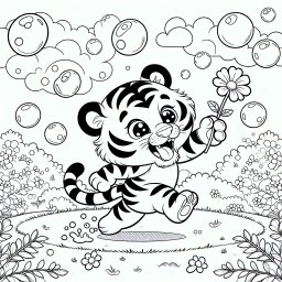 Fröhlicher Tiger auf Abenteuersuche - Tigerjunges, Wiese, Sommer, Tiger, seifenblasen, Blumen