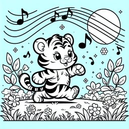 Tanzender Tiger im Frühlingswind - Tiger, Ausmalbild, Frühling, Wiese, Blumen