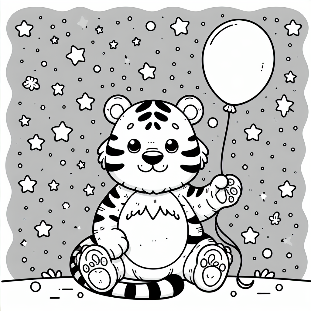 Ruhiger Sternentiger - Tags: Tiger, Ausmalbild, Kinder, Sterne, Luftballon