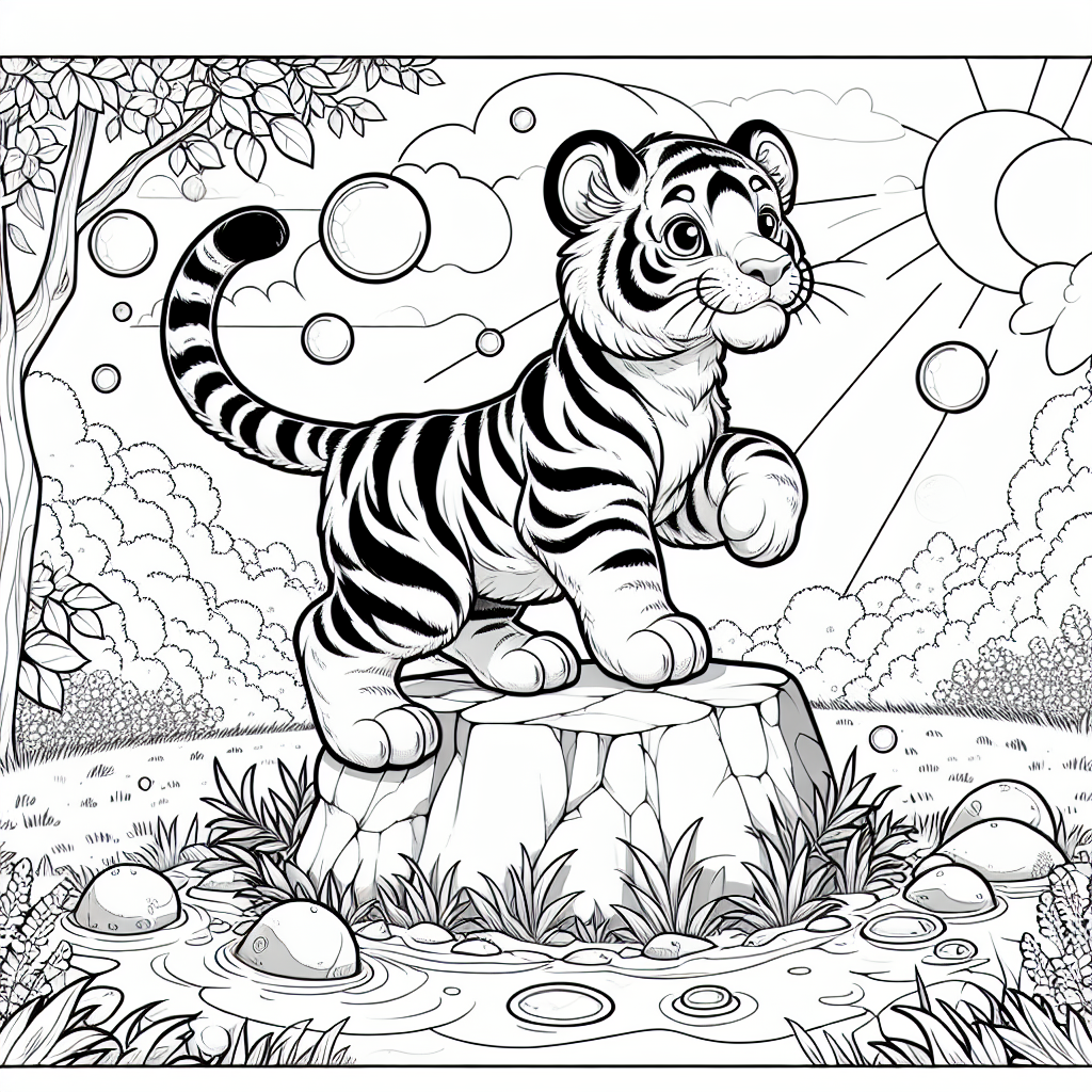 Tiger auf Abenteuer - Ausmalbild, Herbstmorgen, Tigerjunges, fröhlich, Farbenfroh