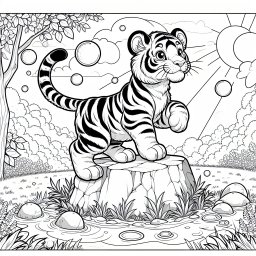 Tiger auf Abenteuer - Ausmalbild, Herbstmorgen, Tigerjunges, fröhlich, Farbenfroh