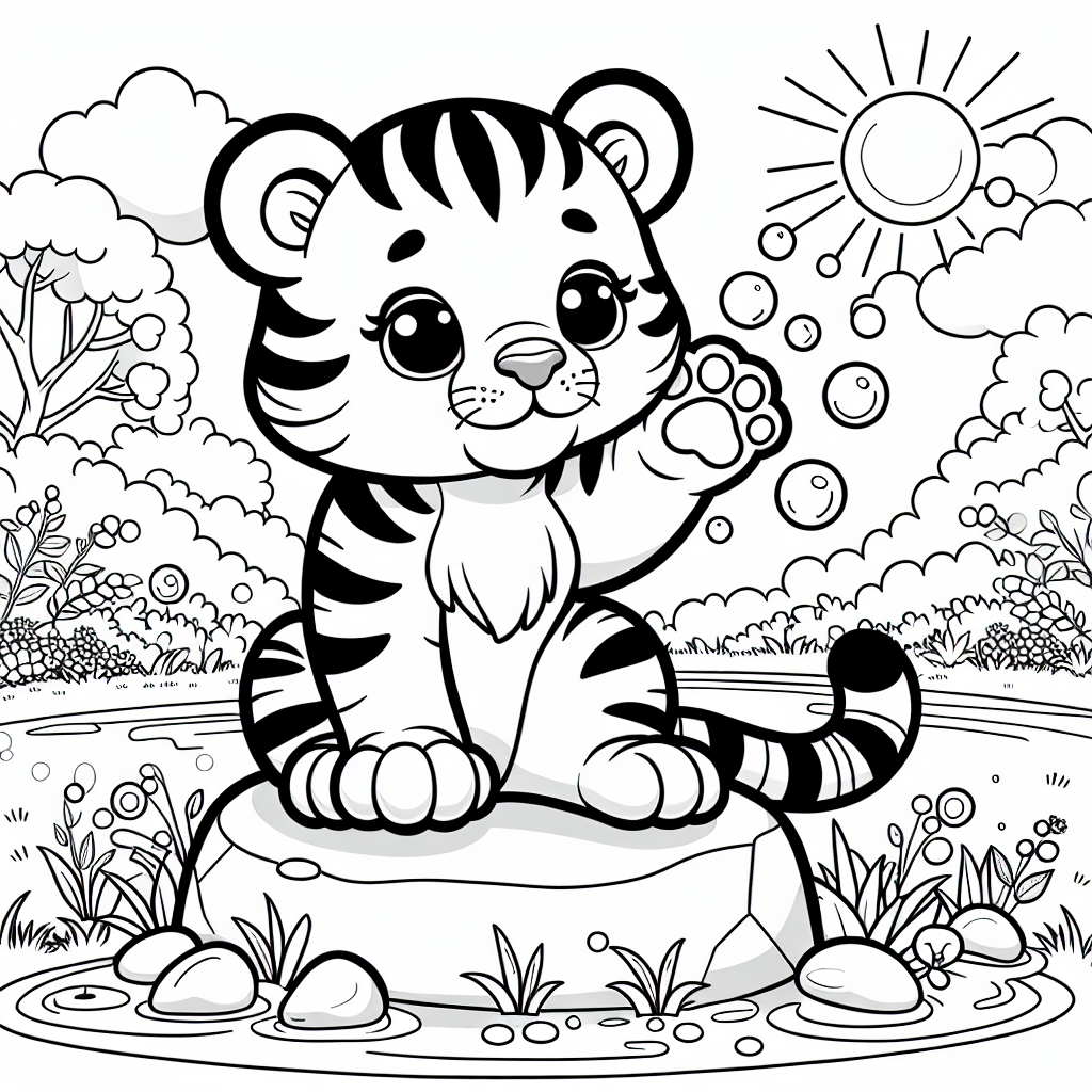 Fröhlicher Tigerfreund - Tigerbaby, Sommermorgen, fröhlicher Tiger, Malspaß-Tipps, Naturkulisse