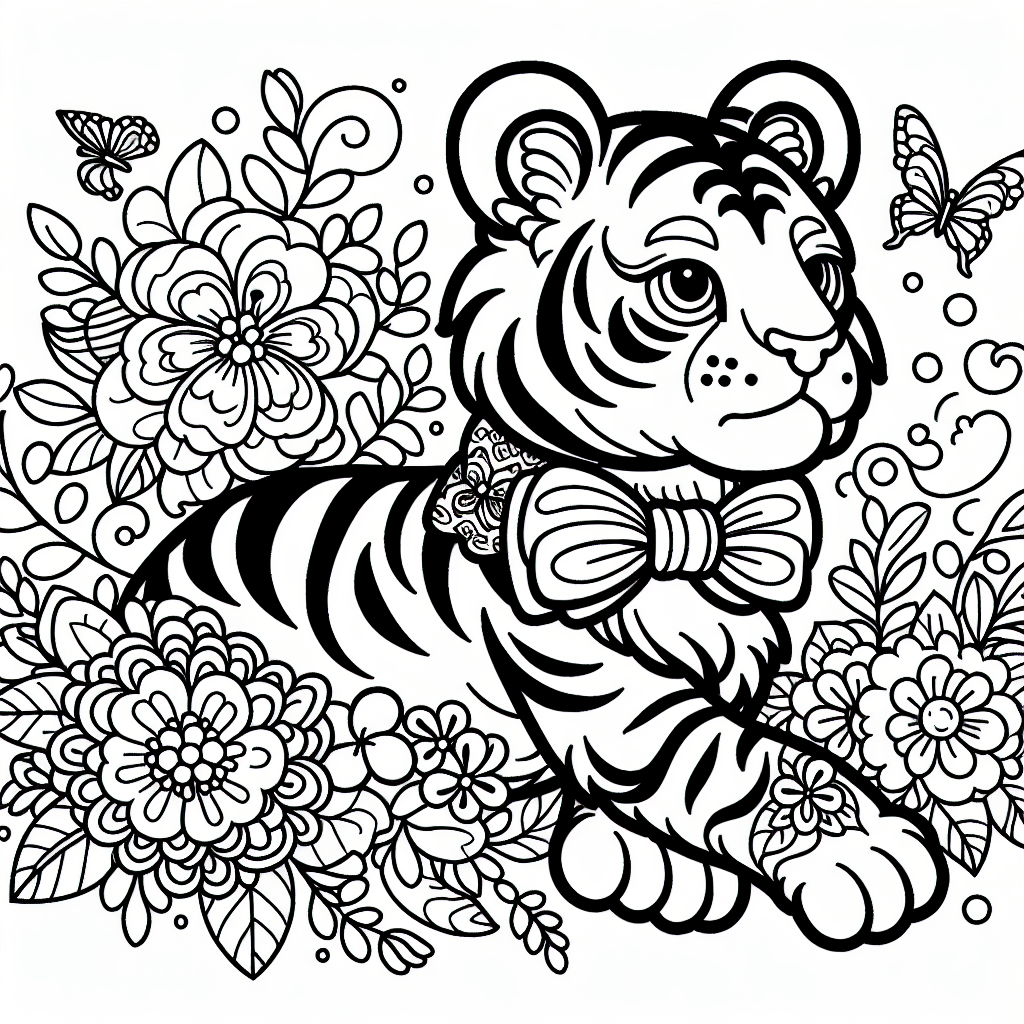 Schicker BlumTiger - Tiger, Ausmalbild, Cartoon, Fliege, Blumen