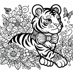 Schicker BlumTiger - Tiger, Ausmalbild, Cartoon, Fliege, Blumen