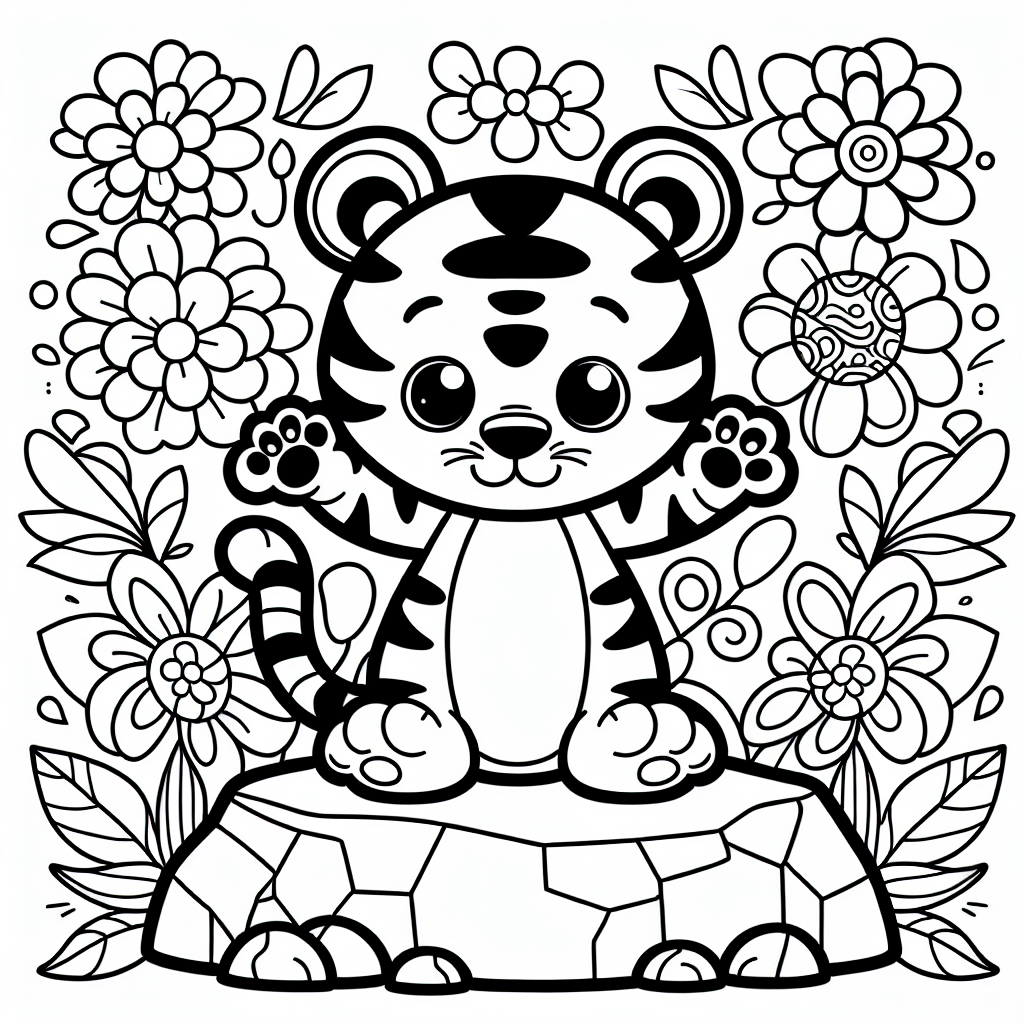Verspielter Tiger - Tags: Ausmalbild, Tiger, Cartoon, Fantasie, Blumen.