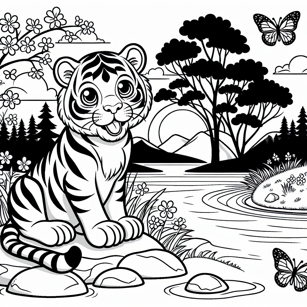 Tiger am Seeufer - Tigerjunges malen, Frühlingsabend am Seeufer, Farbenfrohe Naturbilder für Kinder