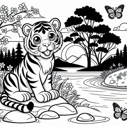 Tiger am Seeufer - Tigerjunges malen, Frühlingsabend am Seeufer, Farbenfrohe Naturbilder für Kinder