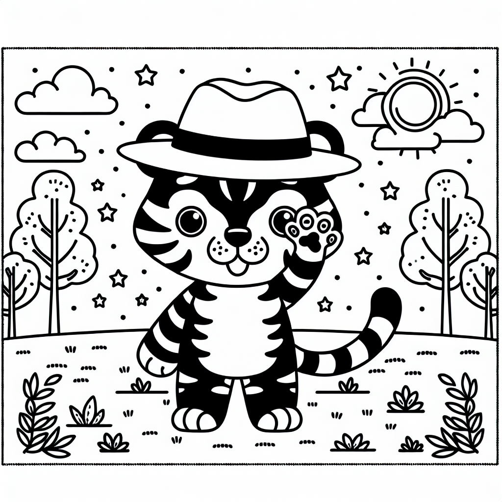 Fröhlicher Tiger im Frühlingspark - Ausmalbild, Tiger, Frühling, Parkszene, Kinderfreundlich