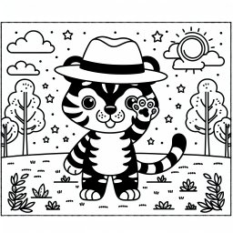 Fröhlicher Tiger im Frühlingspark - Ausmalbild, Tiger, Frühling, Parkszene, Kinderfreundlich