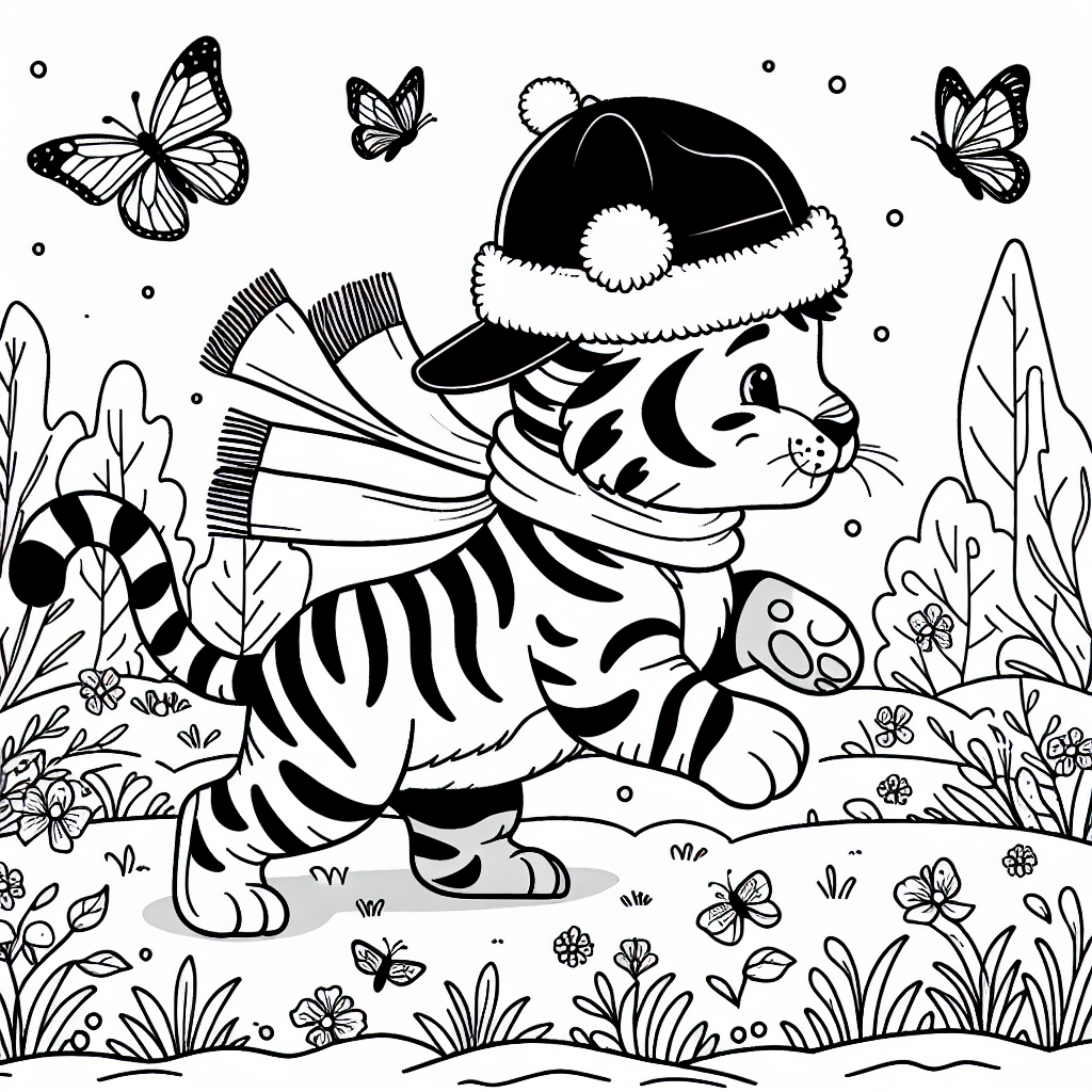 Springender Tiger im Schneeland - Tiger, Ausmalbild, Winterlandschaft, Mütze mit Bommel, spielerisch
