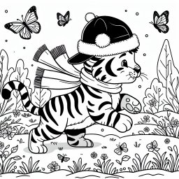 Springender Tiger im Schneeland - Tiger, Ausmalbild, Winterlandschaft, Mütze mit Bommel, spielerisch