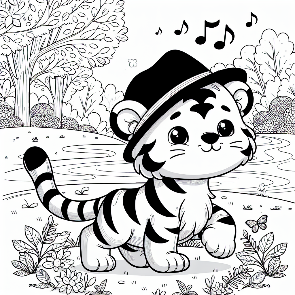 Fröhlicher Frühlingstiger - Tiger, Ausmalbild, Herbstmorgen, Musiknoten, Hüpfend