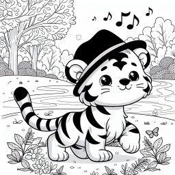 Fröhlicher Frühlingstiger - Tiger, Ausmalbild, Herbstmorgen, Musiknoten, Hüpfend