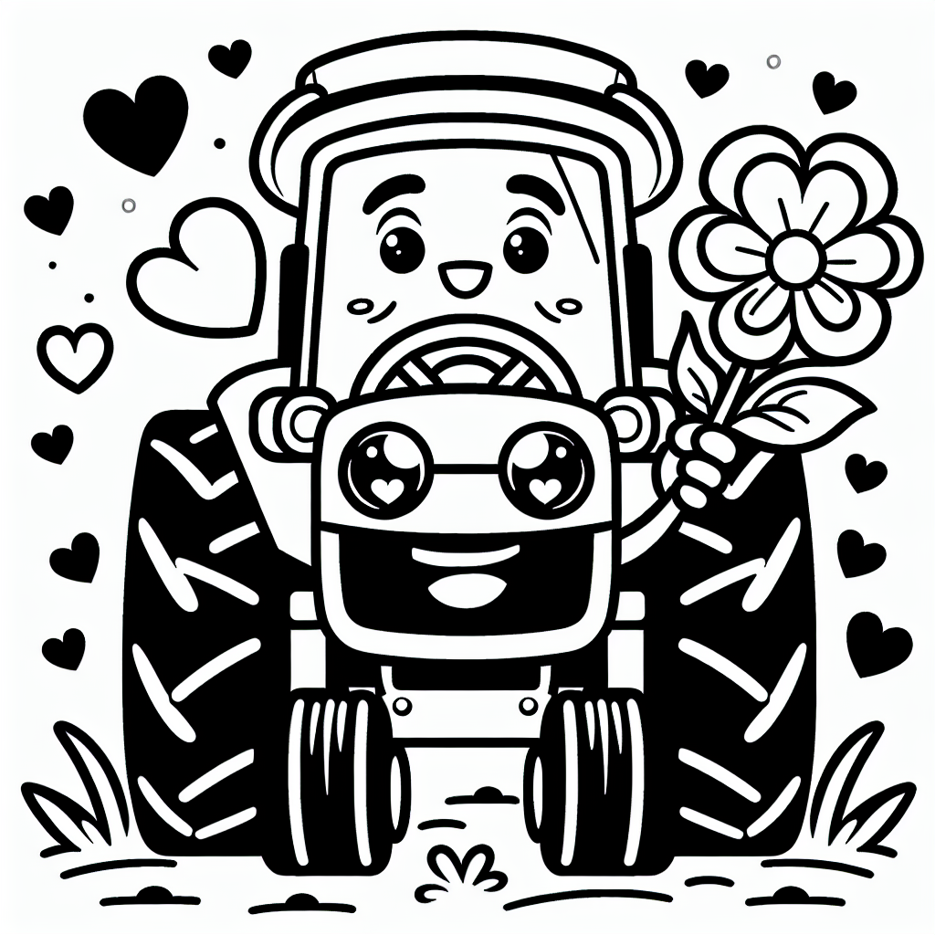 Es war einmal ein fröhlicher Traktor namens Trudi, der auf einem lebhaften Bauernhof lebte. Trudi war nicht nur irgendein Traktor - sie war dafür bekannt, die besten Blumensträuße der ganzen Gegend zu pflücken. Eines Morgens fuhr Trudi mit ihrem quietschenden Anhänger, der voller bunter Blumen war, über das frisch gepflügte Feld. Ihre riesigen Reifen hinterließen lustige Muster im weichen Boden, während sich das Lenkrad in ihrer Kabine wie ein fröhlicher Tanz dreht.
An diesem besonderen Tag wollte Trudi eine Überraschung für die anderen Traktoren auf dem Hof vorbereiten. Sie hielt eine wunderschöne, duftende Blume mit einem Stängel, der fast so lang war wie ihr Auspuffrohr. Trudi war so aufgeregt, dass ihre Motorhaube vor Freude vibrierte und bunte Herzen aus ihrem Auspuff aufstiegen und in der Luft schwebten.
Beim Ausmalen von Trudi und ihrer Blume, überlege dir, die Blume in leuchtenden Rottönen mit einem sonnengelben Mittelpunkt zu malen, während du Trudis Karosserie in einem fröhlichen Grün erstrahlen lässt. Umgebe die Szene mit pastellfarbenen Herzen und einem blauen Himmel, der den perfekten Tag auf dem Bauernhof widerspiegelt.