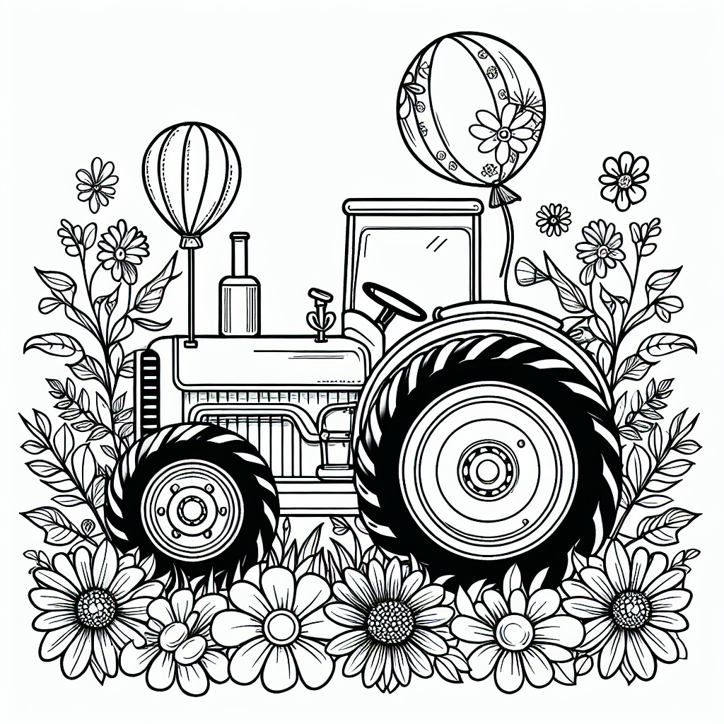 Um das märchenhafte Traktorbild besonders schön zu gestalten, gibt es viele kreative Möglichkeiten! Beginne mit dem Traktor selbst. Verwende verschiedene Grüntöne, um dem Traktor einen lebendigen, frischen Look zu verleihen. Der Ballon kann in fröhlichen Farben wie Rot, Gelb oder Blau gestaltet werden, um einen spannenden Kontrast zum Traktor zu schaffen.

Die Blumen um den Traktor herum sind eine wunderbare Gelegenheit, mit verschiedenen Farben zu experimentieren. Male jede Blume in einer anderen Farbe, um ein buntes Blumenmeer zu erschaffen, das Lebensfreude auf das ganze Bild überträgt. 

Um dem Bild mehr Tiefe zu verleihen, kannst du den Hintergrund mit einem blauen Himmel und flauschigen weißen Wolken ausmalen. Die Ergänzung eines sonnenbeschienenen Feldes im Hintergrund kann das Bild abrunden und eine Bauernhof-Atmosphäre schaffen.

Vergiss nicht, die Reifen des Traktors in einem kräftigen Schwarz zu kolorieren und dem Lenkrad eine metallische Farbe zu geben, um ihm einen glänzenden Look zu verleihen. Für den Anhänger kannst du eine Holzoptik mit Brauntönen erschaffen, um einen authentischen Bauernhof-Touch hinzuzufügen.