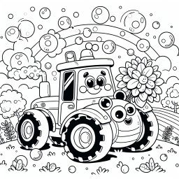 Bunter Traktortraum - Traktor, Lächeln, Blumenwiese, Regenbogenhimmel, Sommermorgen