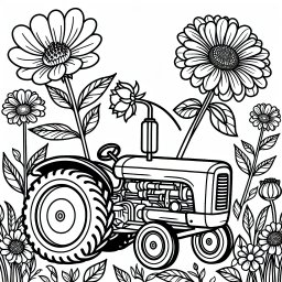 Friedlicher Blumenmobil – Tags: Traktor, Blumen, Bauernhof, Farben, Ausmalspaß