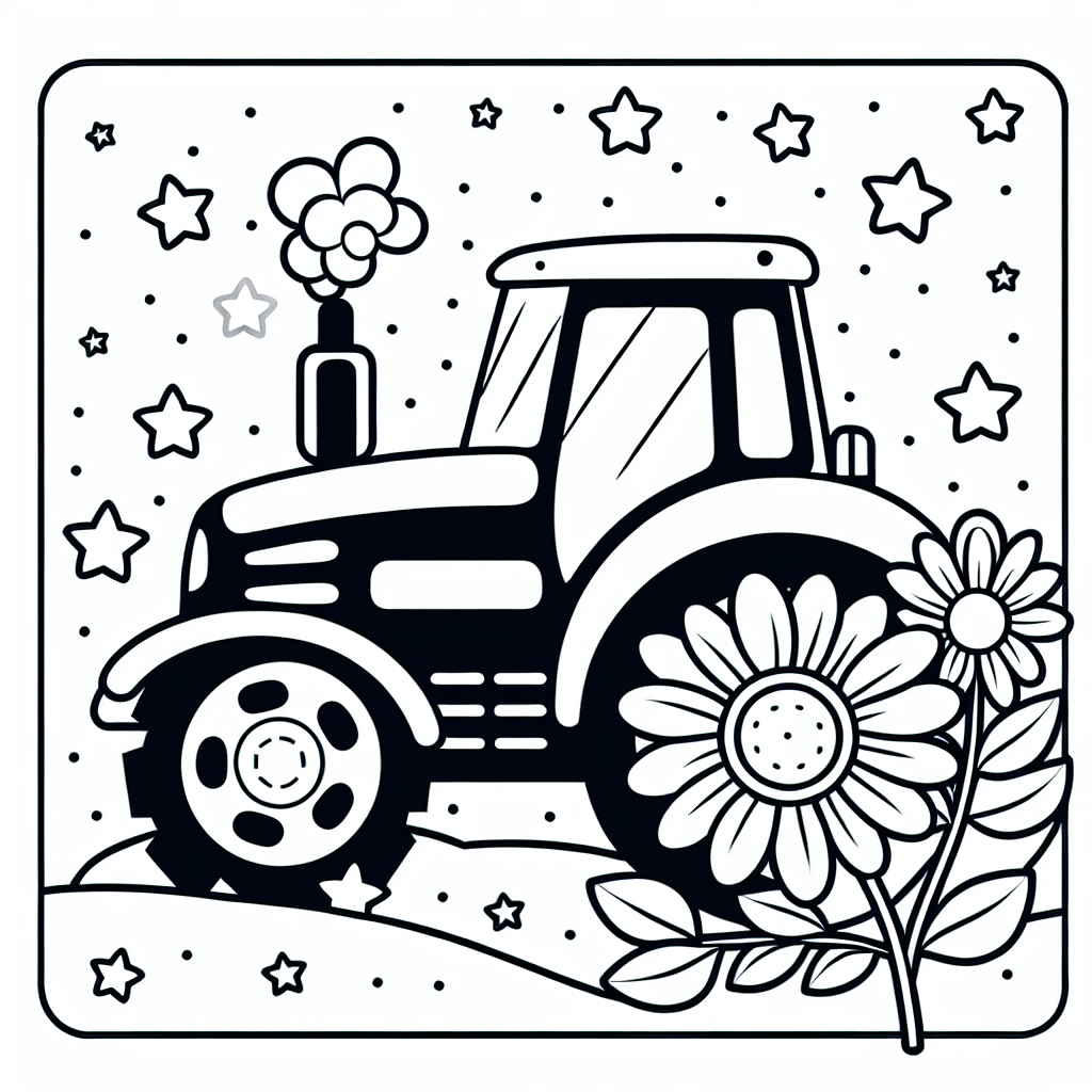 Um dieses Ausmalbild zum Leben zu erwecken, beginne mit dem Traktor selbst. Wähle kräftige Farben, wie ein sattes Rot oder ein leuchtendes Grün, um den Traktor hervorzuheben. Für die Reifen könnten Schwarz oder Dunkelgrau verwendet werden, aber du könntest auch Blautöne für einen kreativen Twist probieren. Das Lenkrad könnte in einem ehrwürdigen Dunkelbraun gehalten werden, um ihm eine rustikale Bauernhof-Note zu verleihen.
Die Blume, die der Traktor hält, kann in fröhlichen Farben wie Gelb, Rosa oder Orange ausgemalt werden, um die natürliche Schönheit der Felder widerzuspiegeln. Male die kleinen Sterne in verschiedenen Farben, vielleicht in Gold oder Silber, um einen magischen, nächtlichen Bauernhofeffekt zu erzeugen.
Lass den Hintergrund nicht leer! Du könntest Felder in sanften Grüntönen hinzufügen, um die Umgebung des Bauernhofs darzustellen. Vielleicht malst du einen Anhänger in der Nähe des Traktors in einem Blau oder Braun, um das Bild weiter zu bereichern. Du könntest sogar ein paar kleine Wolken oder einen Sonnenuntergang einfügen, um dem Bild Tiefe und Atmosphäre zu verleihen. Zum Schluss vergiss nicht, deine eigene Kreativität zu nutzen und Spaß dabei zu haben!