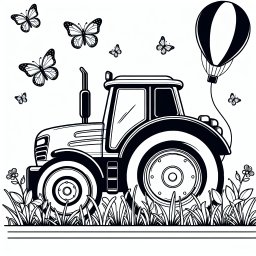 entspannter Schlepper – Tags: Traktor, Bauernhof, Schmetterlinge, Ausmalbild, Feld