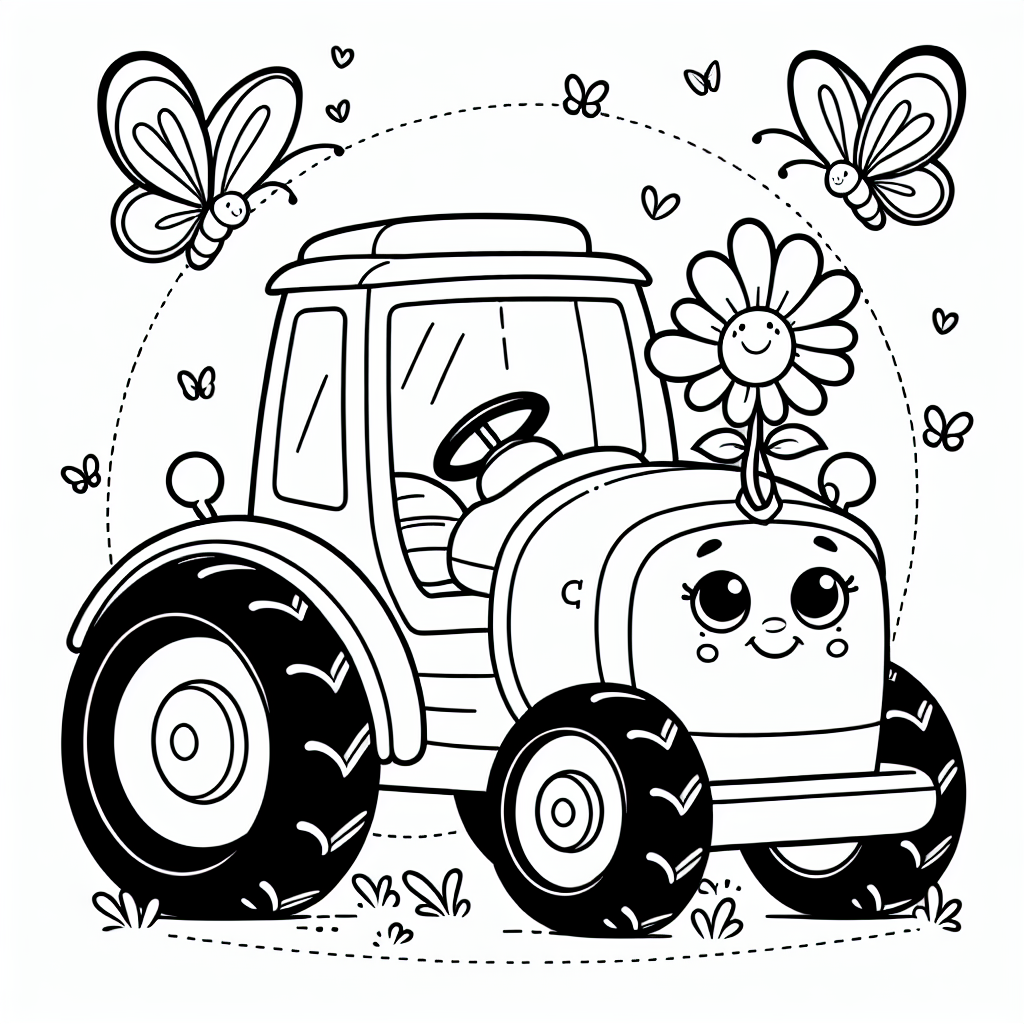 Tauche ein in die magische Welt der Traktoren! Stell dir vor, du bist auf einem farbenfrohen Bauernhof, wo das Summen der Bienen und das Singen der Vögel die Luft erfüllen. Hier lebt ein ganz besonderer Traktor, der mit einem fröhlichen Lächeln eine wunderschöne Blume in seinem großen, robusten Reifen hält. Umgeben von tanzenden Schmetterlingen, die in bunten Farben über das Feld flattern, ist dieser neugierige Traktor bereit, die Welt zu erkunden und neue Abenteuer zu erleben.
Mit seinem glänzenden Lenkrad kann er den Anhänger voller leuchtender Blumen über den Hof ziehen, während er die Felder mit seiner fröhlichen Präsenz erhellt. Deine Aufgabe ist es, ihm Leben einzuhauchen! Mit deiner Kreativität kannst du die großen Flächen der Zeichnung in ein lebendiges Farbenspiel verwandeln. Wirst du den Traktor in ein sonniges Gelb oder ein leuchtendes Blau kleiden? Werden die Schmetterlinge in allen Farben des Regenbogens erstrahlen? Lass deiner Fantasie freien Lauf und gestalte eine fröhliche Szene, die zum Träumen einlädt! Viel Spaß beim Ausmalen!