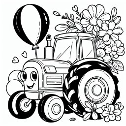 Blumenballon-Traktor – Tags: Bauernhof, Traktor, Ausmalbild, Natur, Kreativität.